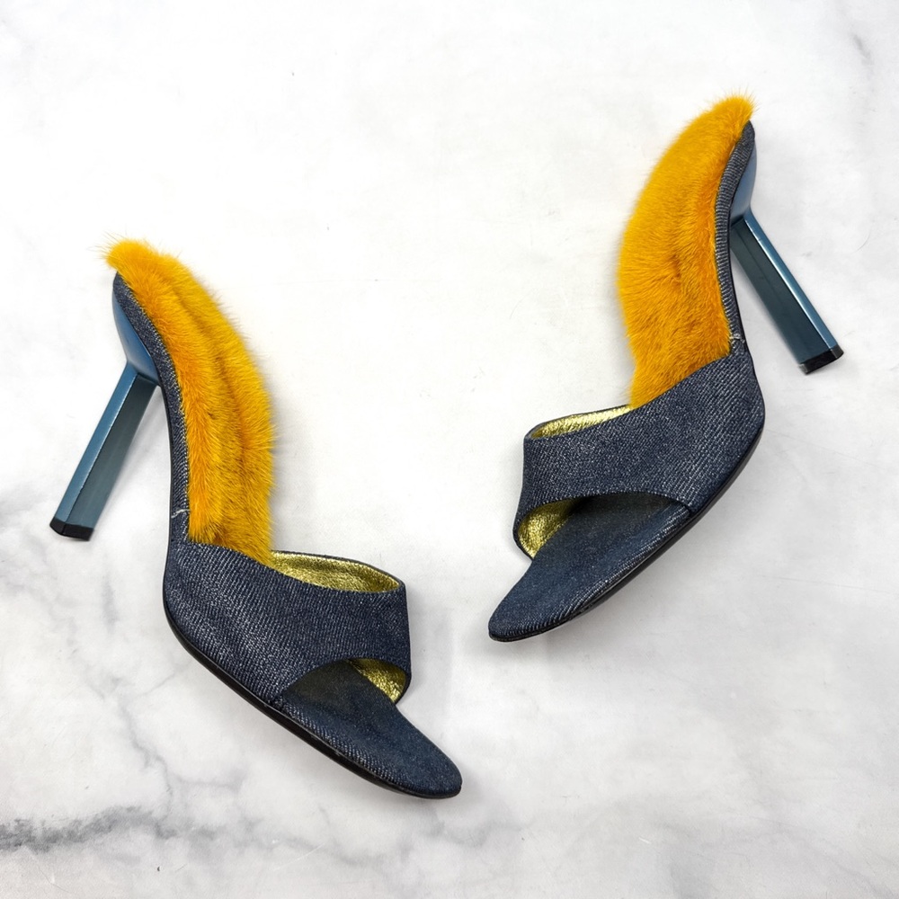 Giuseppe Zanotti Vicini Vintage Y2K Rare Mink Fur Glitter Denim Mule Slide Heels